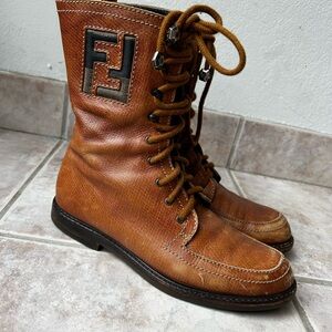 Fendi Brown Leather Lace-Up Boots